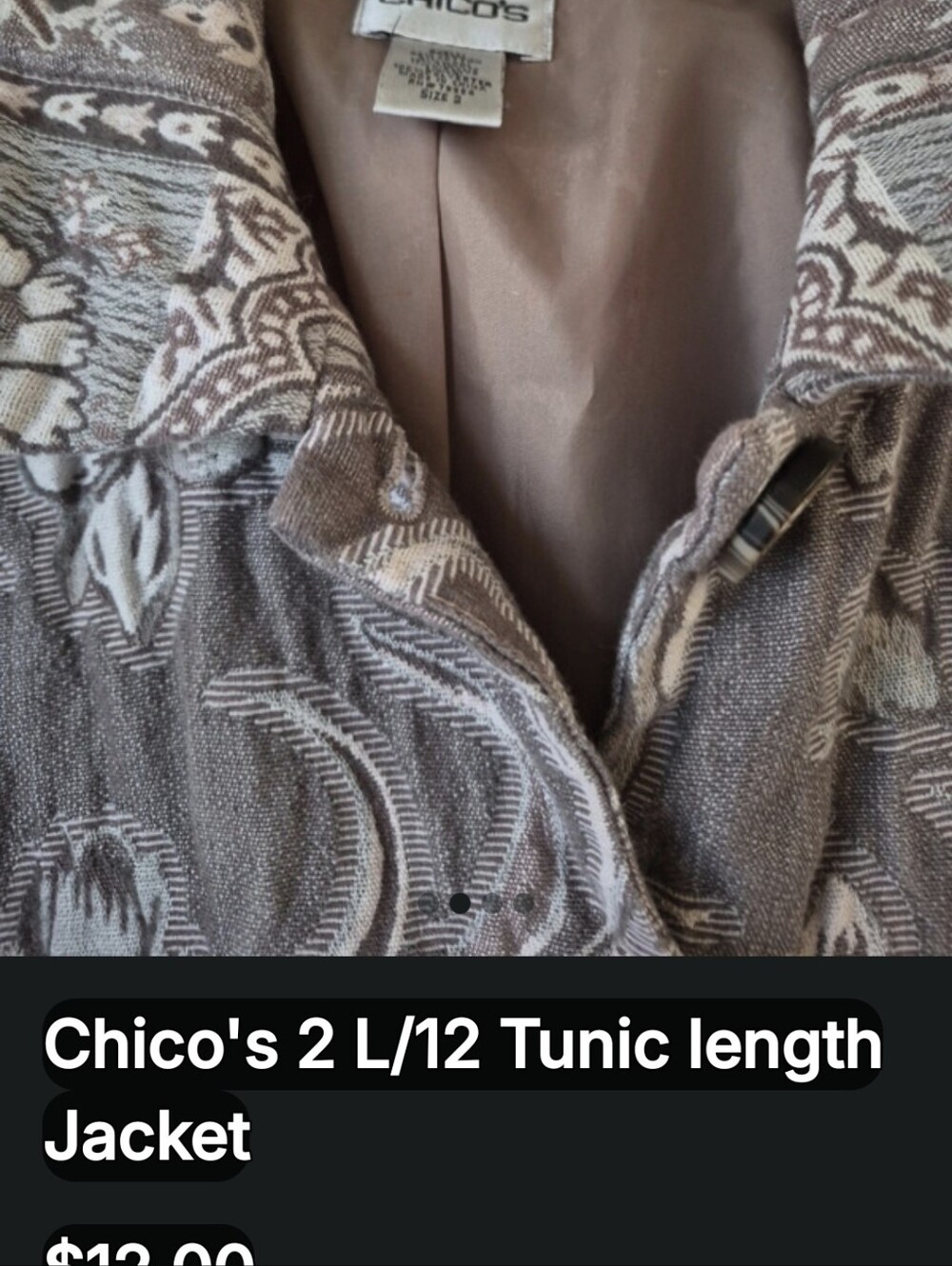 Chico's Patterned Jacket Size 2  L/12 Tunic length